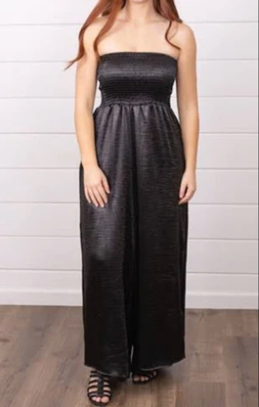 Vintage Womens S Black Strapless Jumpsuit Wide Leg Stretch